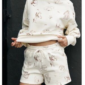 Cream Cowboy Print Sweatshirt and Shorts Set